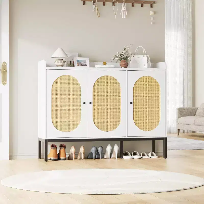3-Door Shoe Storage Cabinet with Rattan Panels and Adjustable Shelves