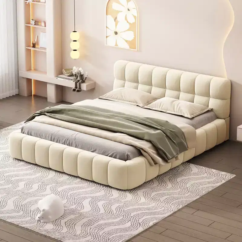 Queen/King Size Upholstered Platform Bed with Thick Fabric, Grounded Bed with Solid Frame