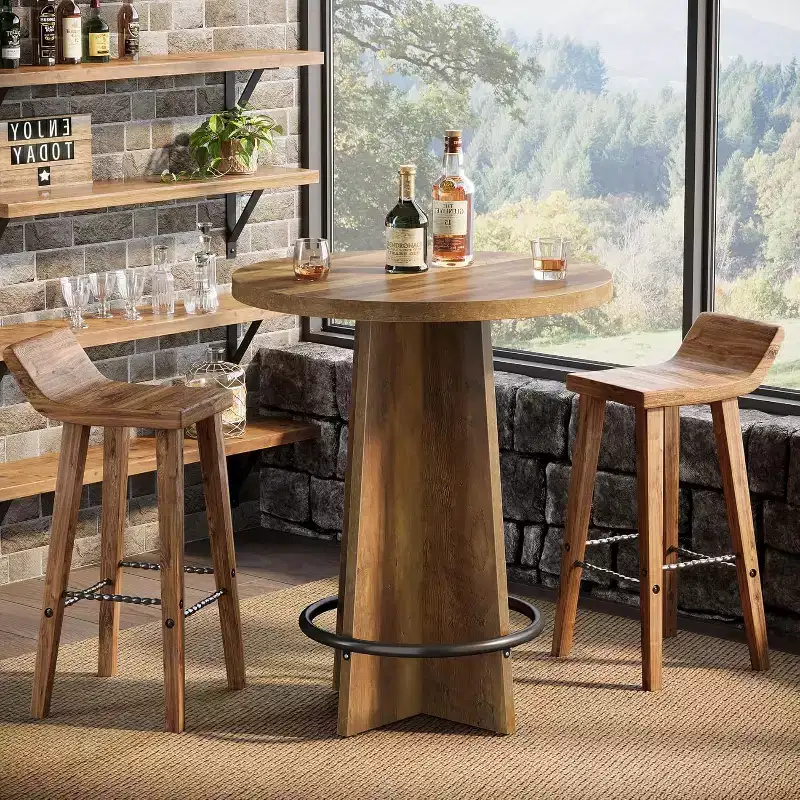Round Bar Table, 37.4'' Wooden Bistro Pub Table with Base and Metal Ring Footrest for Cafe, Home, Small Space, Only Table