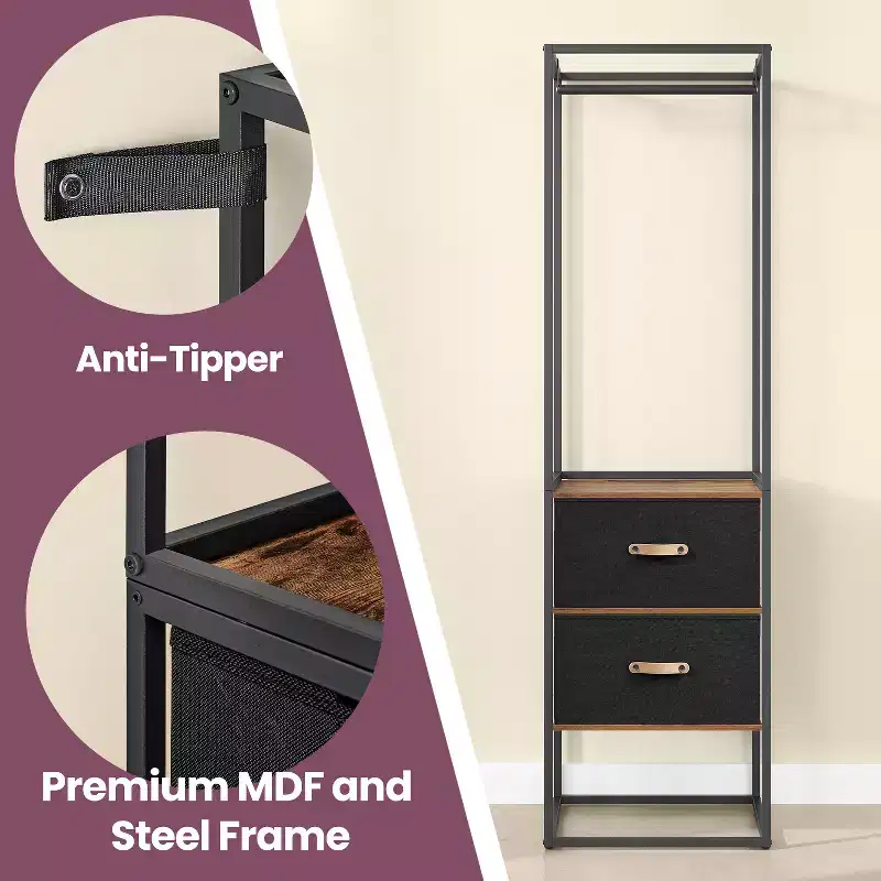 Freestanding Closet Heavy Duty Garment Rack 70.9 Inch Clothes Rack with 1 Extendable Hanging Rod, 2 Drawers, and 4 Shelves, Rustic Brown