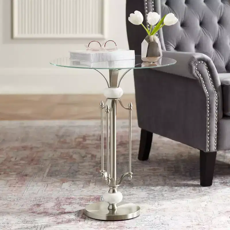 Studio 55D Monique Modern Metal Round Accent Table 20 Wide Brushed Nickel Clear Glass Tray Marble Accents for Living Room Bedroom Bedside Entryway