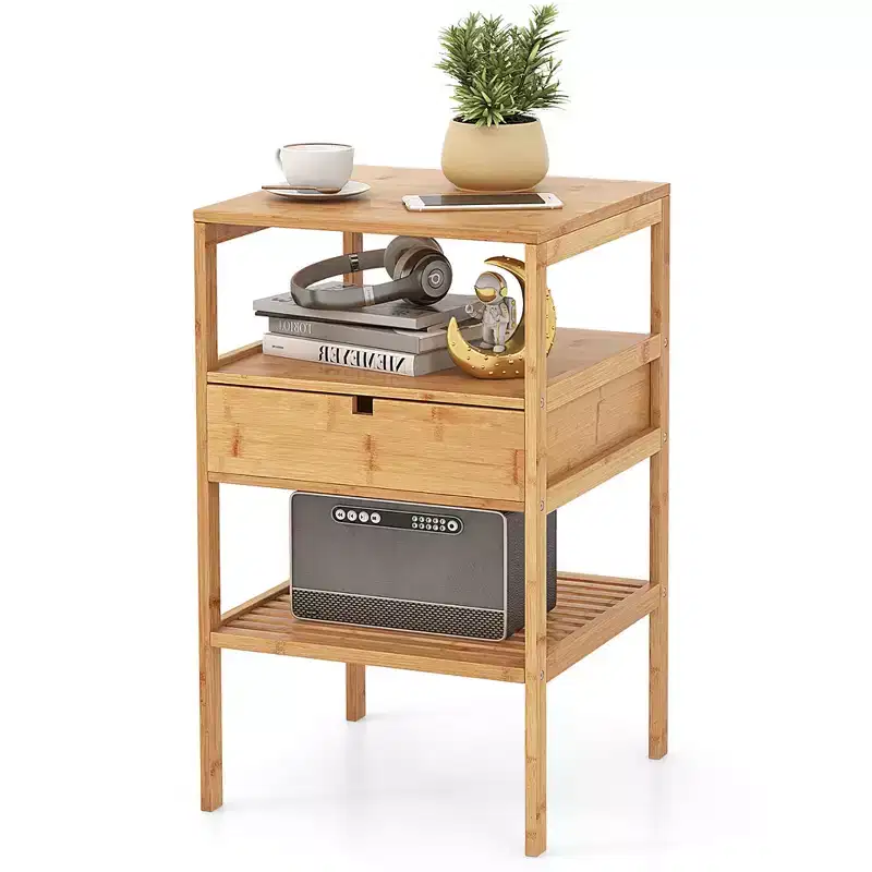 Costway Bamboo Nightstand w/ Pull-out Drawer & Storage Shelf Wood Natural