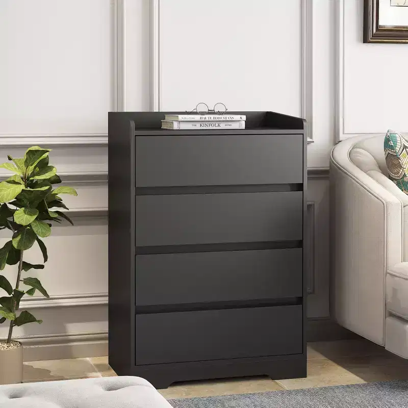 JVNOXK Handle-Free Four-Drawer Cabinet 100% Waterproof Modern Wooden Cabinet Sturdy Frame Suitable for Living Room or Bedroom Black