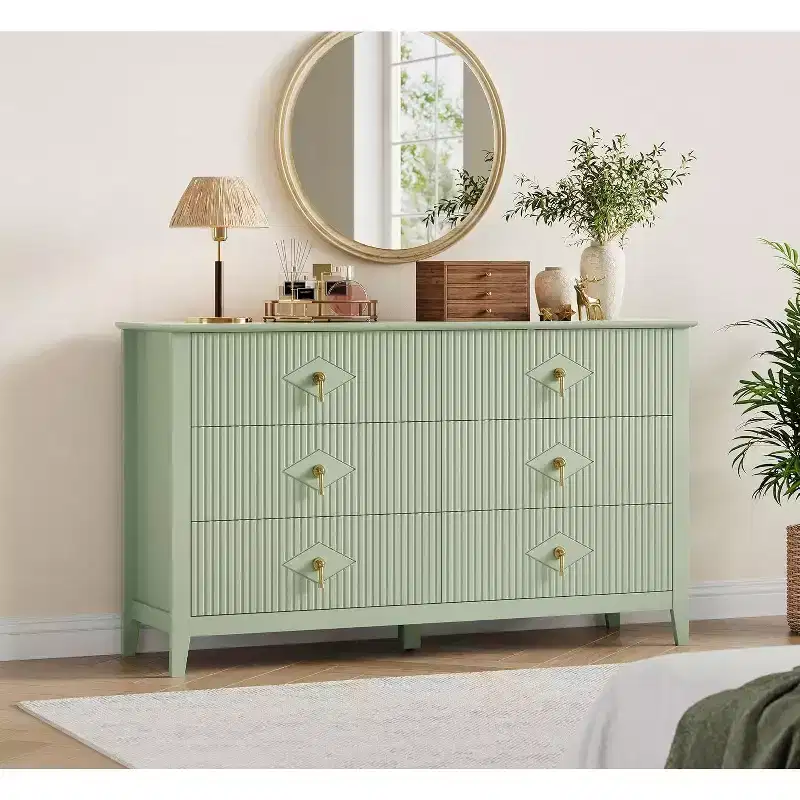 Bedroom Dressing Table with 6 Drawers, 54 Wide Modern Chest of Drawers with Metal Handles, Wooden Storage Cabinet for Bedroom, Living Room, Hallway