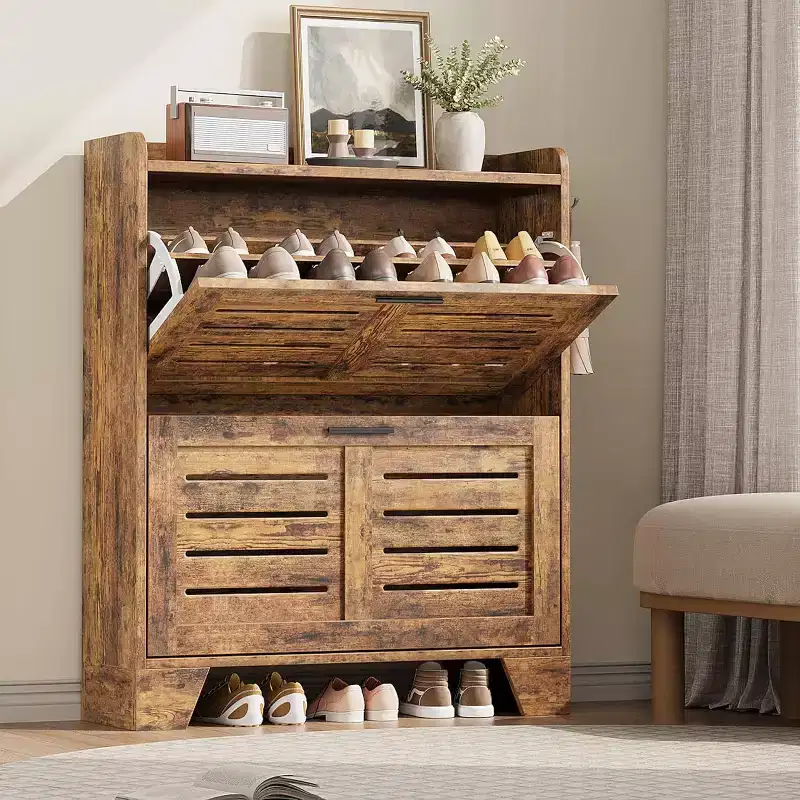 Shoe Storage Cabinet with 2 Flip Drawersfor Entryway, Entryway, Slim Freestanding Hidden Slim Shoe Organizer Cabinet with Hooks
