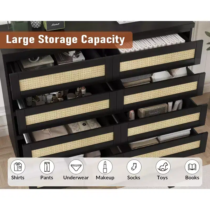 8-Drawer Wooden Chest of Drawers with Rattan Accents, Storage for Bedroom, Nursery & Living Room