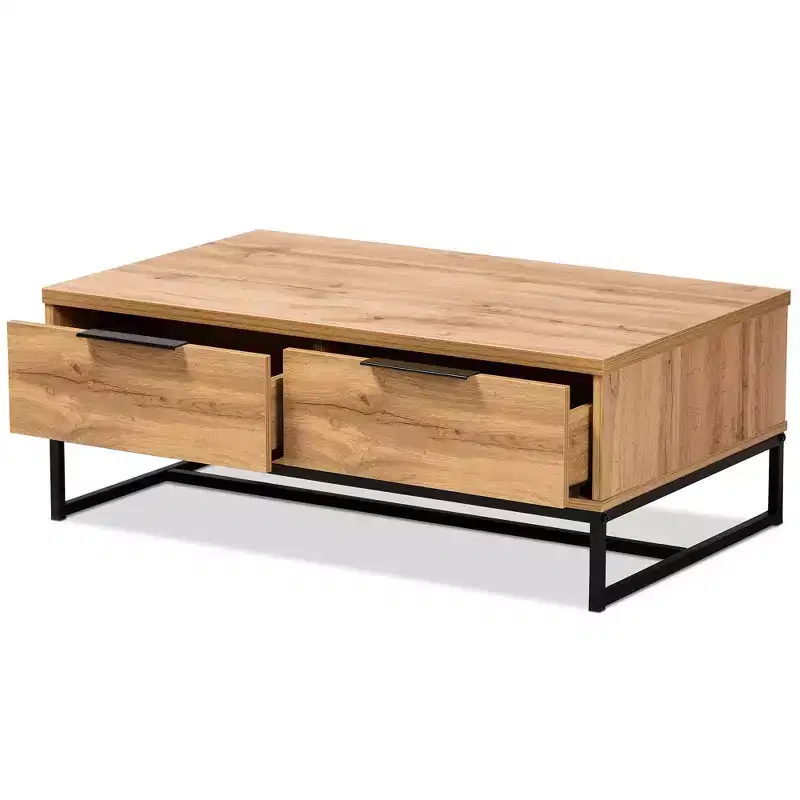 Franklin Wood and Metal 2 Drawer Coffee Table Oak/Black - Baxton Studio: Large Storage, Modern Design