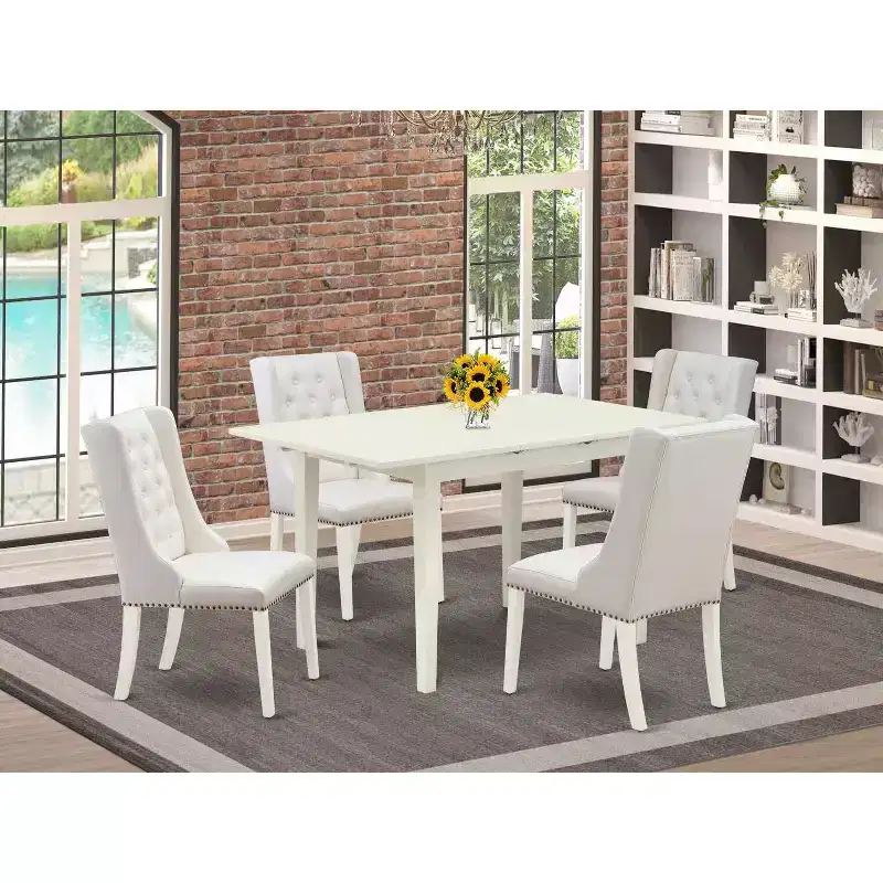 5-Piece Linen White Finish Solid Wood Top Button Tufted Dining Room Set (Seats-4)