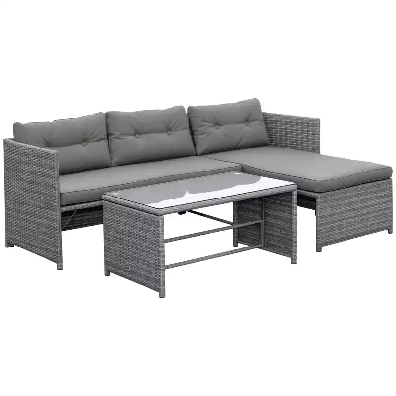 Outsunny 3 Piece Patio Furniture Set, Rattan Outdoor Sofa Set with Chaise Lounge & Loveseat, Soft Cushions, Table, L-Shaped Sectional Couch