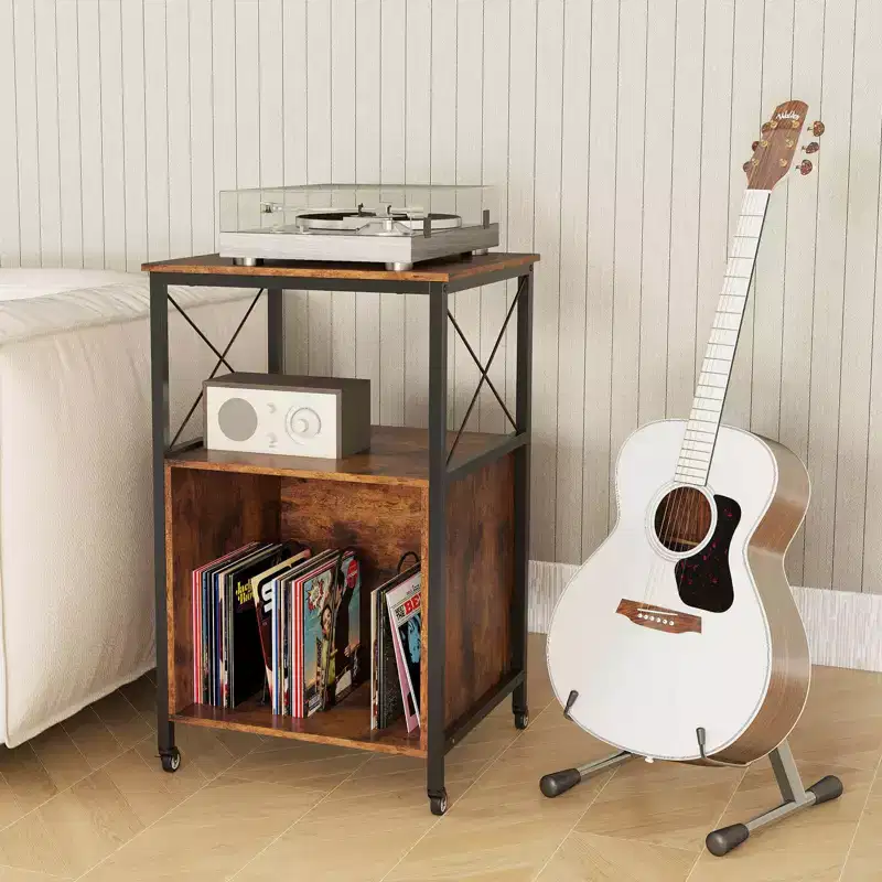 Mobile Record Player Stand with Power Outlet Open Shelf & Dividers Metal Frame
