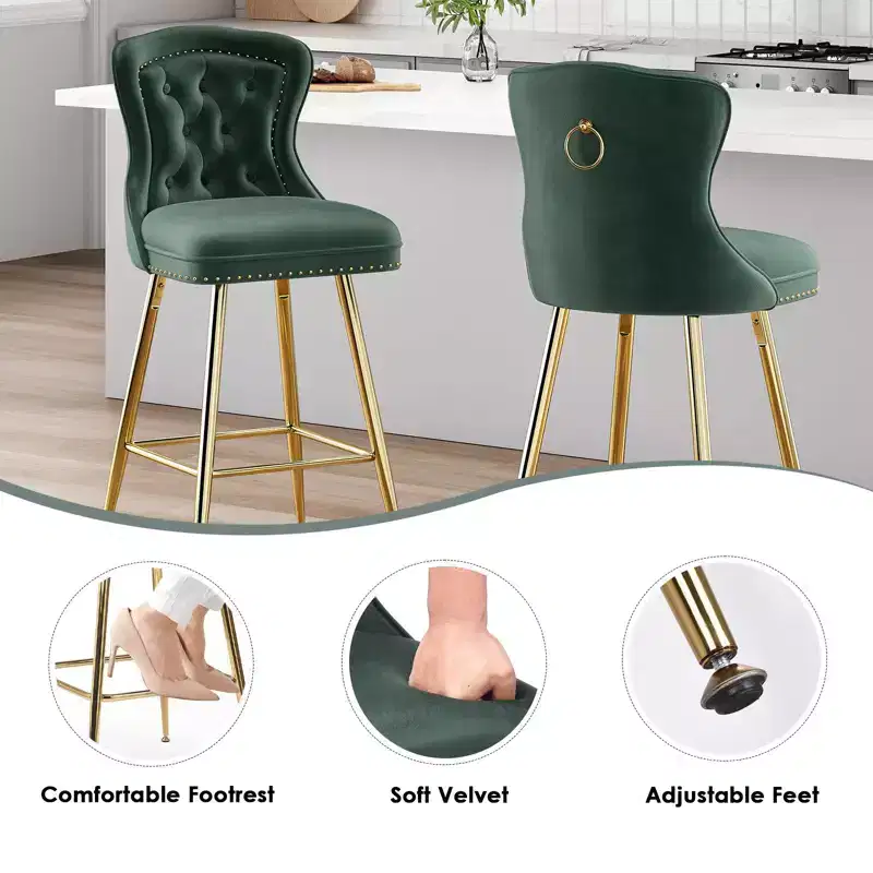 PexFix 2Pcs Bar Stools Velvet Counter Height Bar Stools with Metal Legs Button Tufted and Nailheads Trim Wing-Back Bar Chairs Green