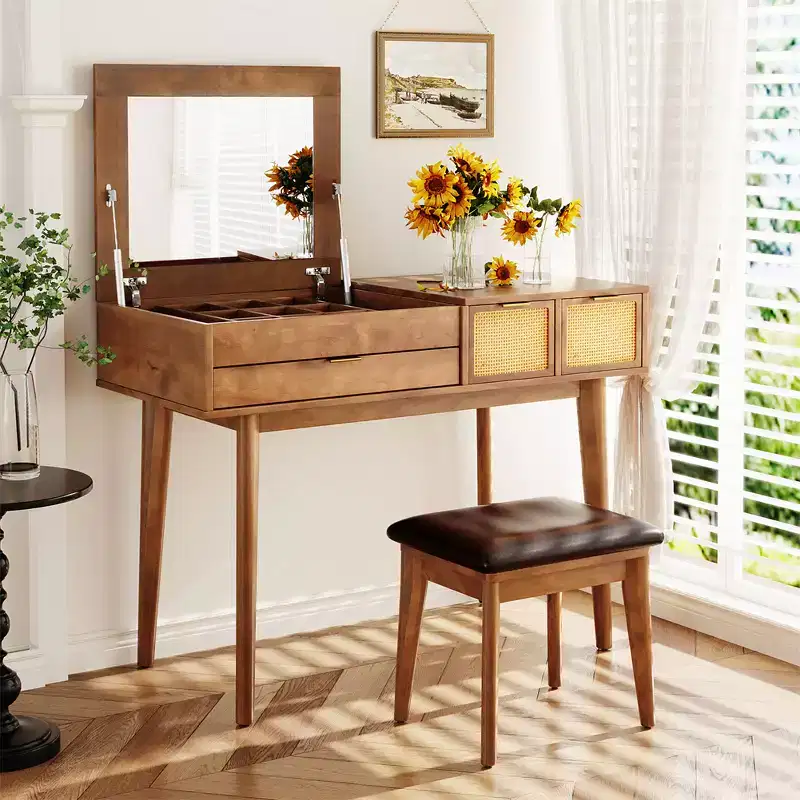 Vanity with Cushioned Stool, Wood Vanity Desk with Flip-Top Mirror & 3 Large Drawers