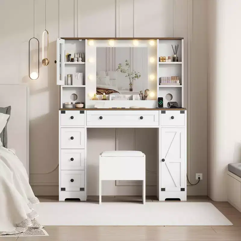 Makeup Vanity and Stool, Vanity Desk with Lights, White Vanity Table with Charging Station, 6 Drawers and Cabinets