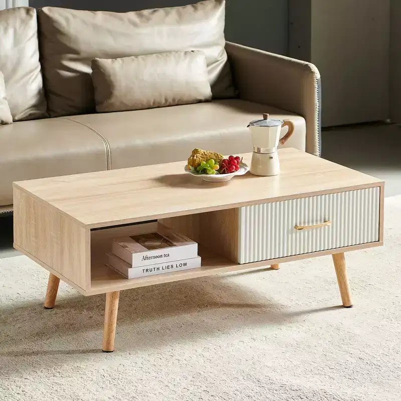 Natural Wood Color Rectangle Coffee Table with Solid Wood Legs and Sliding Drawer Storage