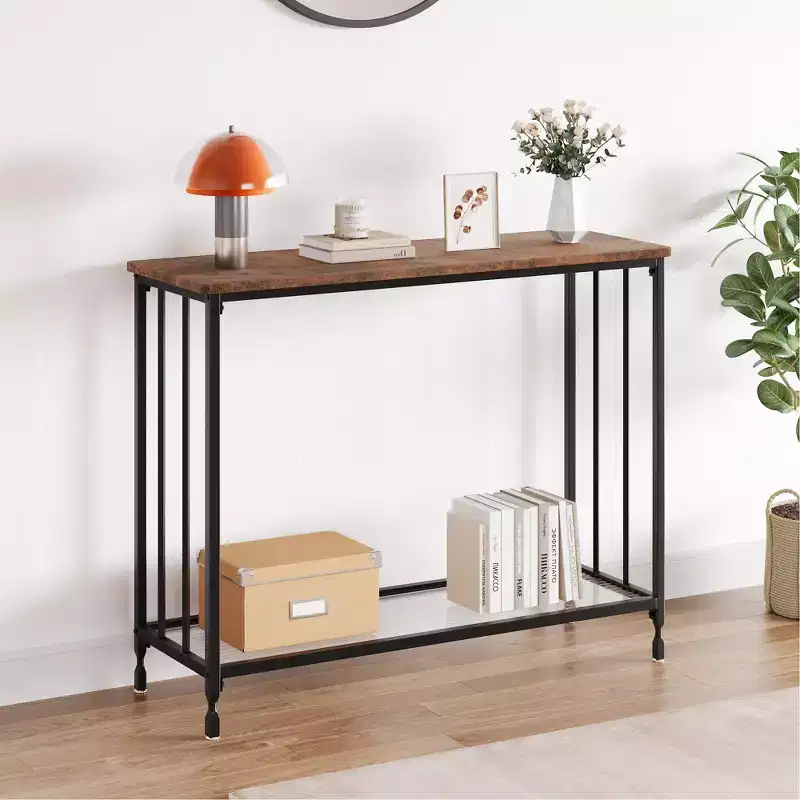 2-Tier Industrial Console Table with Glass Shelf (Rustic Brown, for Living Room/Hallway/Bedroom)