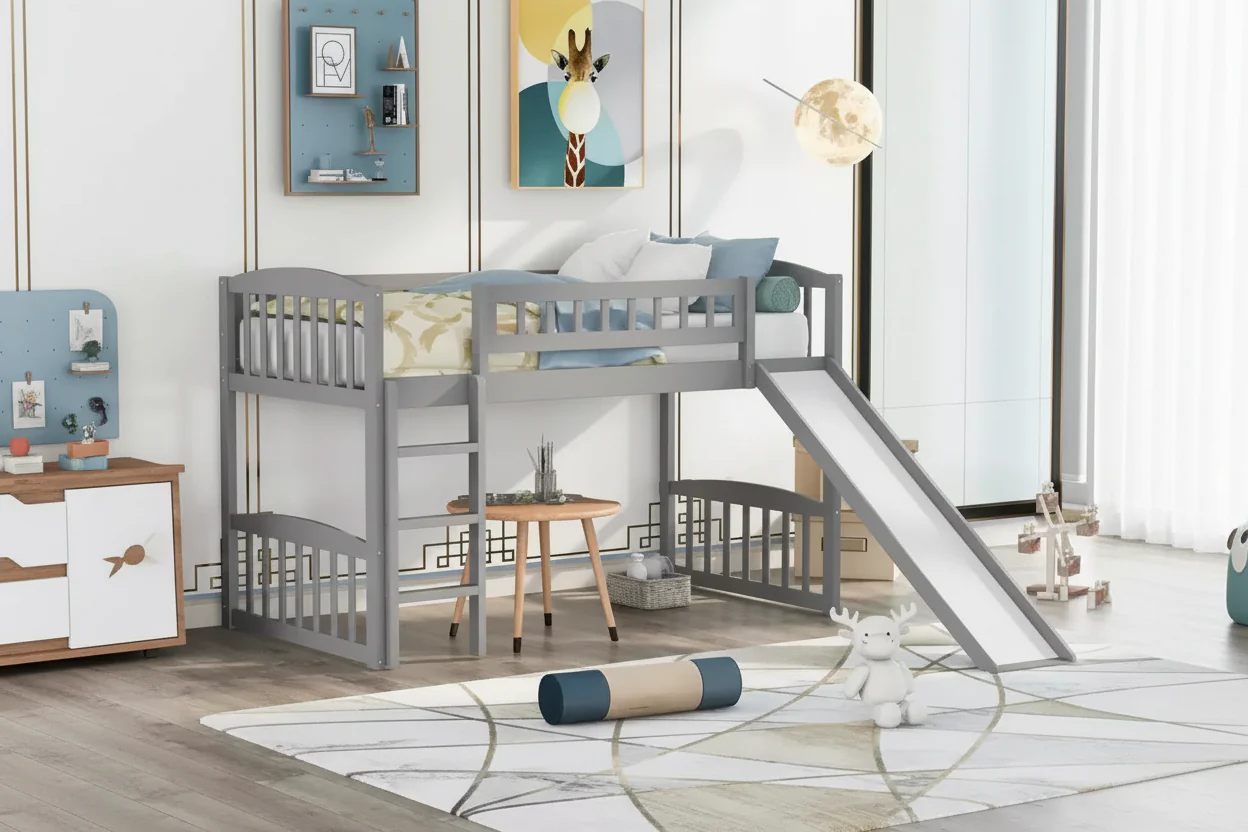 77.4''L x 88.9''W Twin Size Wood Loft Bed with Slide and Ladder