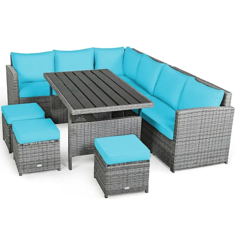 7 Pcs All-Weather Patio Rattan Dining Furniture Sectional Sofa Set with Wicker Ottoman and Cushed Couch