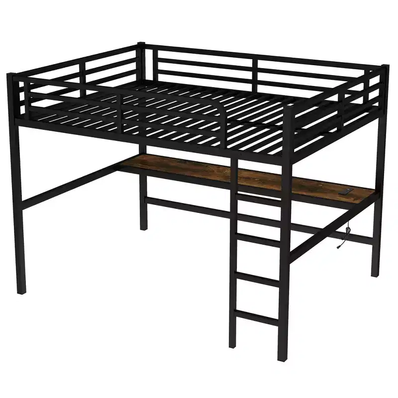 Bellemave Metal Queen Loft Bed with Desk, USB Ports, Power Outlet & LED Lights, Space-Saving Noise-Free Design, Sturdy Frame, Black