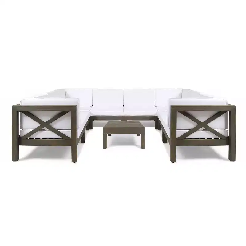 Christopher Knight Home Brava Outdoor Acacia Wood 8 Seater Sectional Sofa Chat Set with Cushions