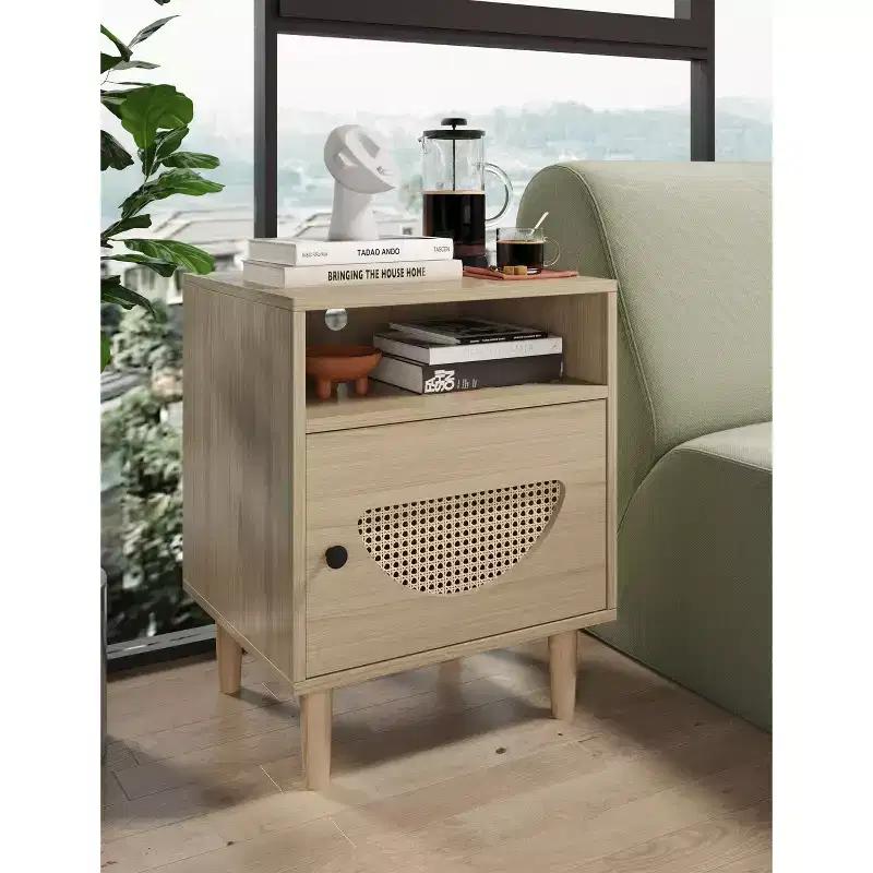 Rattan End Table with Rattan Decor Door, Charging Station Small End Table Shelf and Drawer Wooden Bedside Table, for Bedroom, Living Room