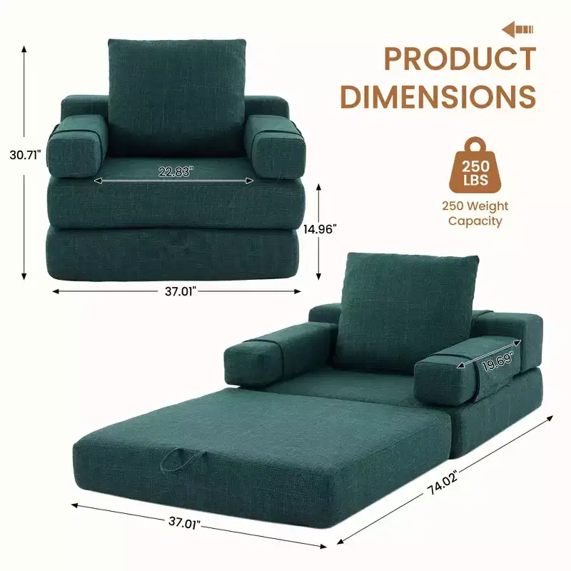 Fold-Down Convertible Sleeper Sofa Chair with Removable Armrests & Washable Cover