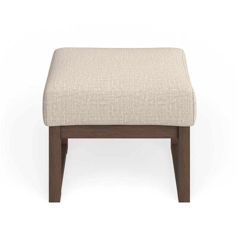 Mid-Century Modern Upholstered Ottoman Stool | Light Beige Fabric | Solid Wood Legs