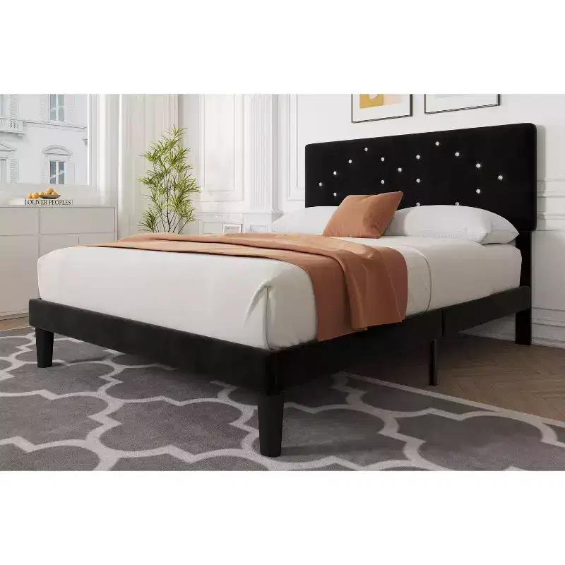 Linen Upholstered Platform Bed Frame with Button Tufted Headboard - No Box Spring Required