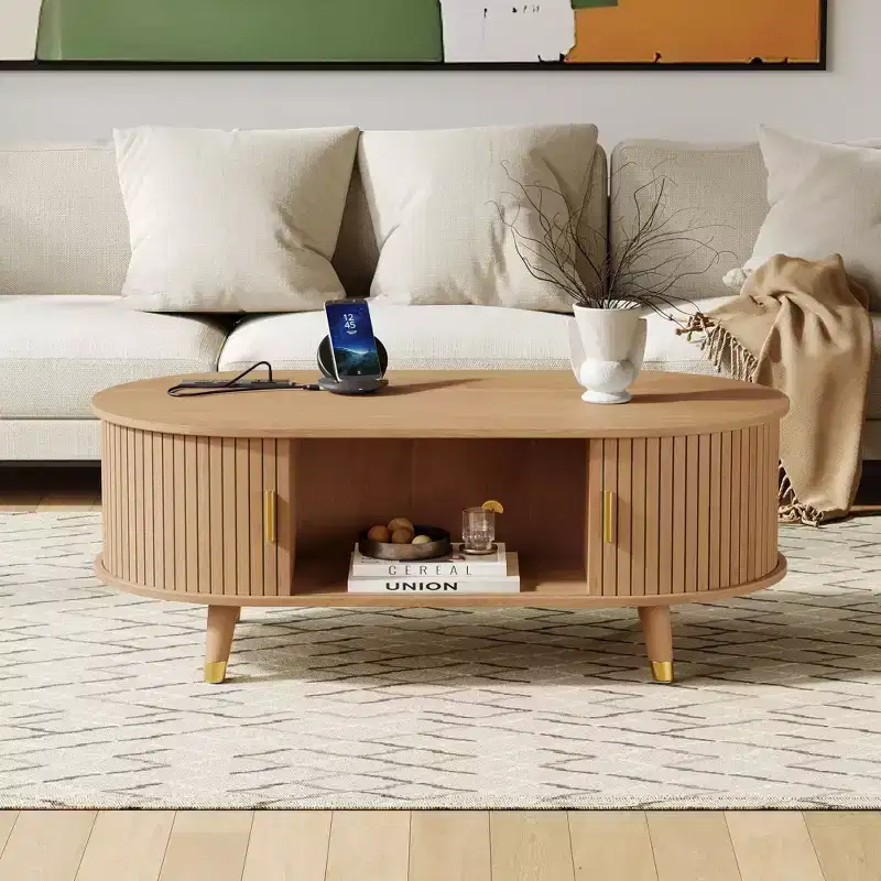 42.5 Oval Fluted Coffee Table with Charging Station, Mid-Century Center Table with Sliding Tambour Door for Living Room, Natural/Teak