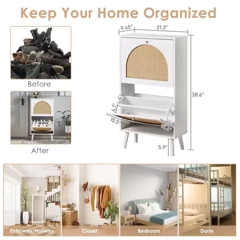 White 2-Door Flip Shoe Cabinet with Rattan Front, Holds 12 Pairs
