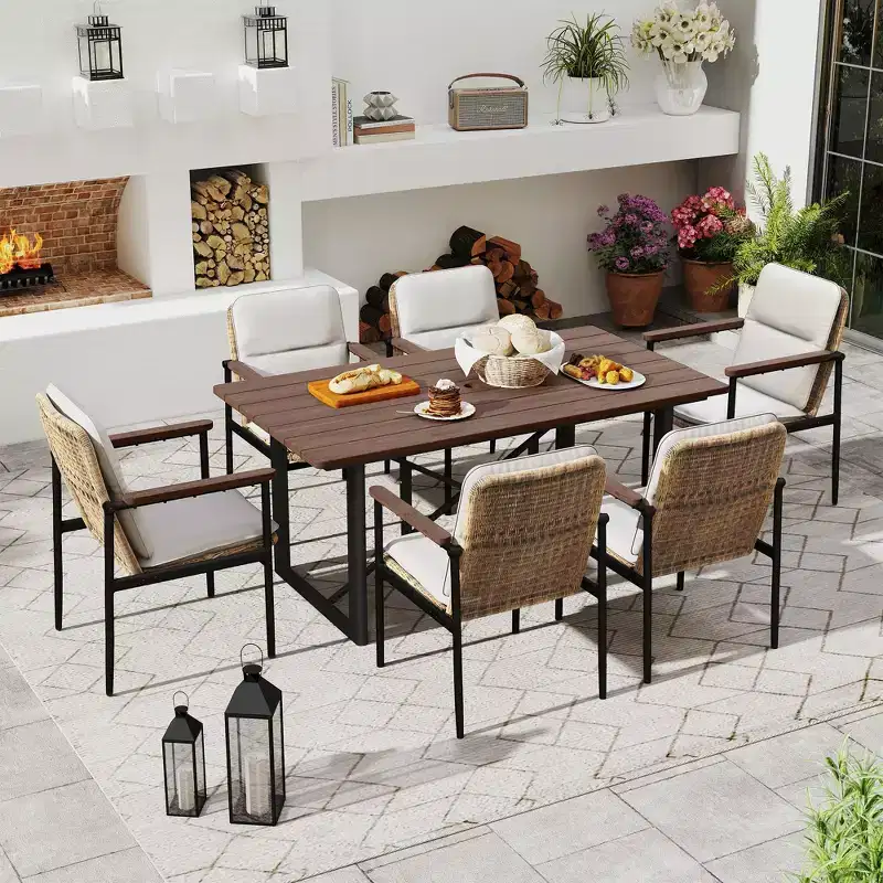 HAPPATIO 7 Piece Patio Dining Set Outdoor, 6 Wicker Chairs with Aluminum Frame and Olefin Cushions, Wooden Dining Table for Backyard Garden Porch