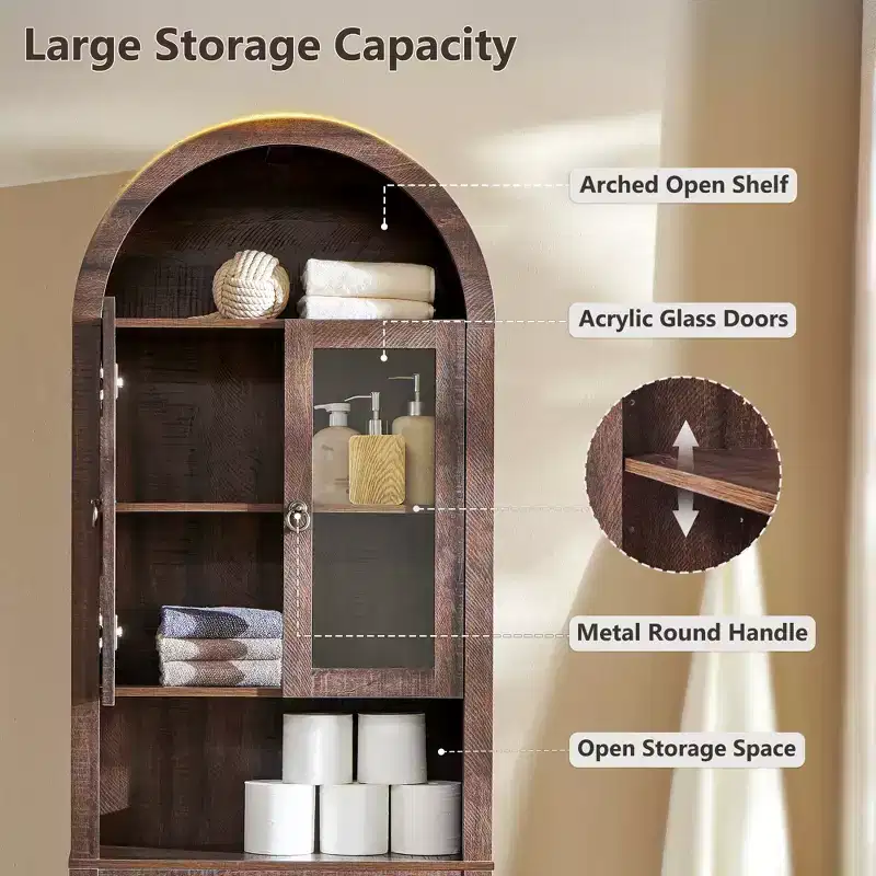 Arched Over The Toilet Storage Cabinet with Acrylic Doors, Bathroom Shelf Organizer, Modern Bathroom Cabinet with Adjustable Shelf