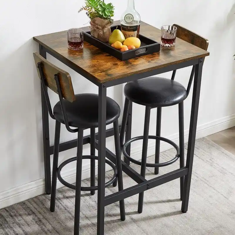 Eureka Industrial Bar Table Set, 3-Piece Dining Table and PU Upholstered Stools Set, Small Counter Height Pub Bistro Table Set