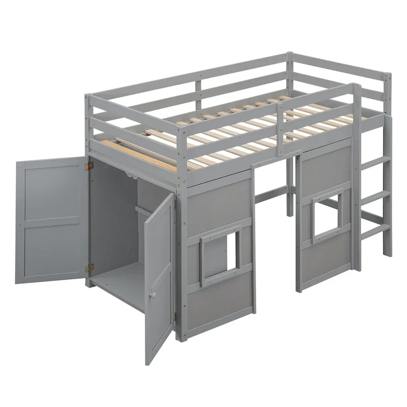 Wood Twin Size Loft Bed with Built-in Storage Wardrobe and 2 Windows