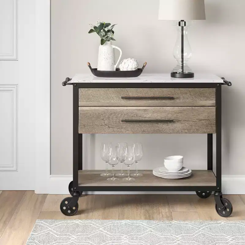Stone Top Mixed Material Kitchen Island Brown – Solid Hardwood, Storage, Wheels