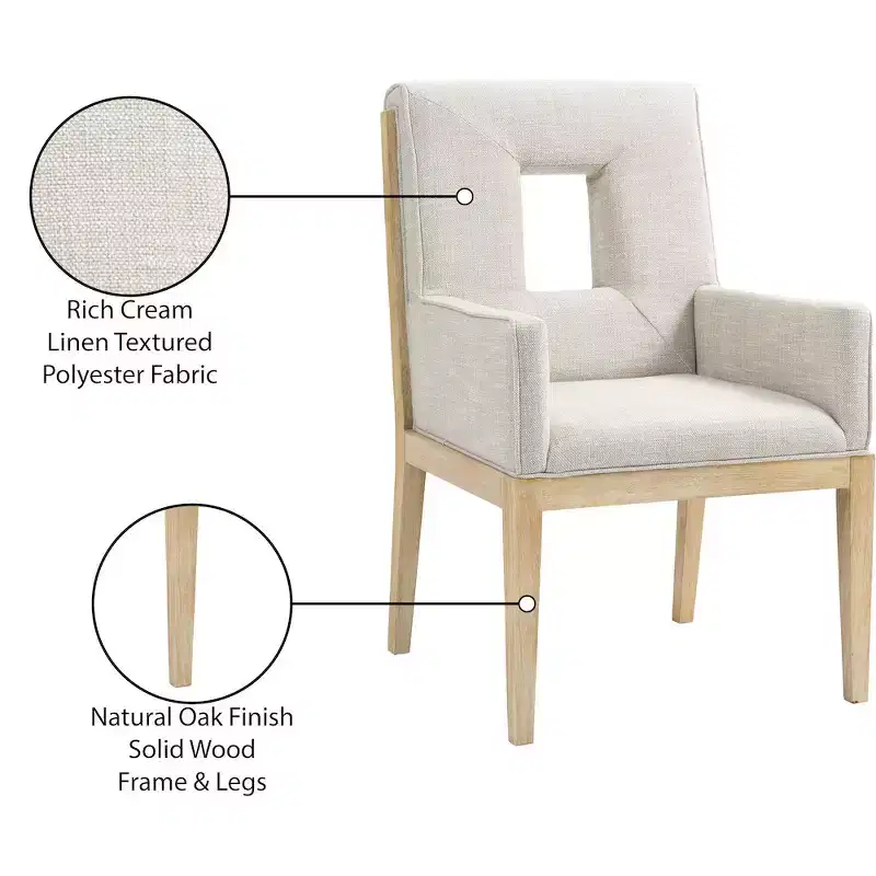 Meridian Furniture,Gwendolyn Cream Linen Textured Fabric Dining Arm Chair