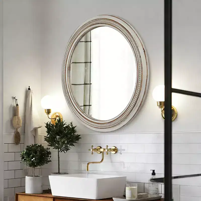 GDFStudio Willowcrest 23.6 Round Vintage Farmhouse Wall Mirror with Beaded Wood Frame