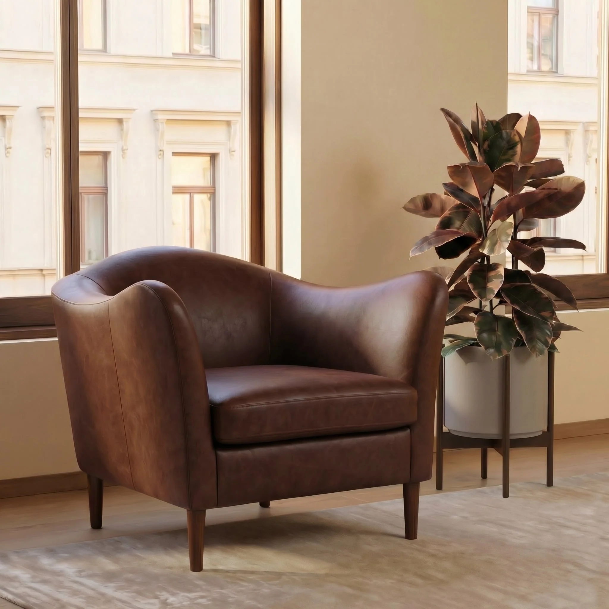 Modern Chocolate Brown Leather Lounge Chair with Kiln-Dried Wood Frame