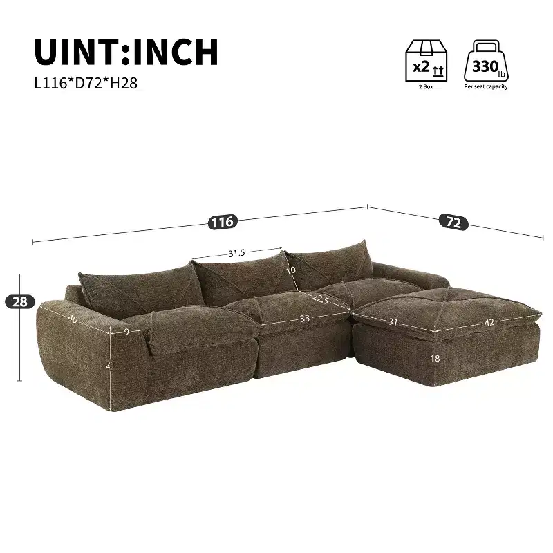 Whisen 116 Modular 4-Seat Sofa Bed, Spacious Foam Filled, Elderly/Baby Safe, No Assembly, Free Combination