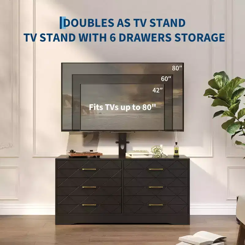 Modern TV Stand Dresser with Adjustable Mount for 32-80 Inch TVs  6 Drawer Storage Cabinet  Media Console Table  Bedroom & Living Room Furniture