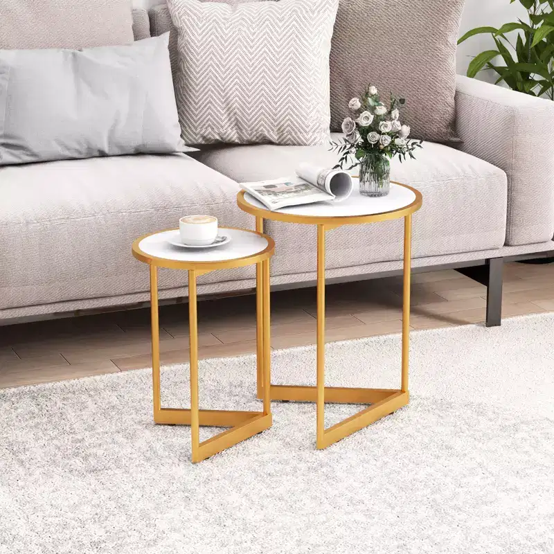 Costway Round Nesting Table Set of 2 Modern Side End Table Space-saving V-shaped Base