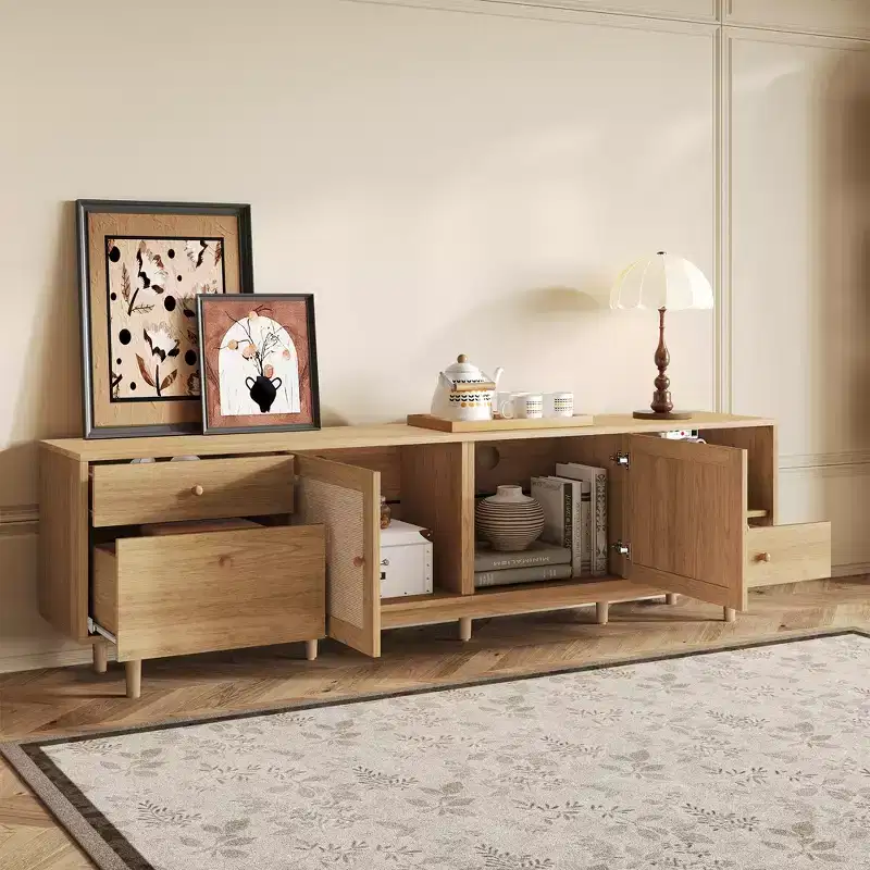Boho TV Stand for TVs up to 85, TV Console Media Console TV Cabinet with Rattan Doors, Brown - ModernLuxe