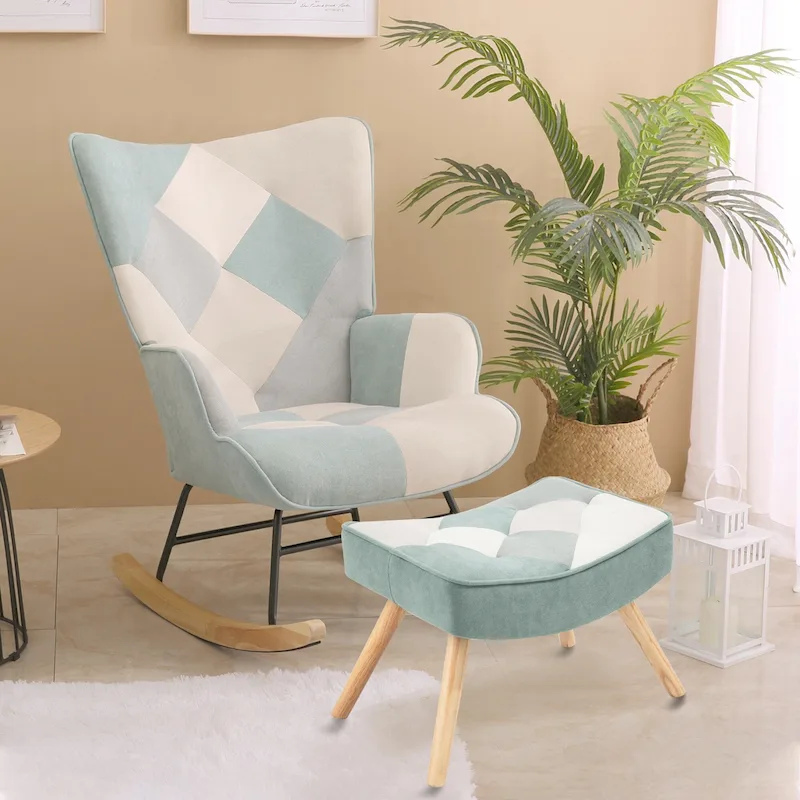 Blue Colorful High Back Upholstered Rocking Chair with Ottoman and Wood Legs for 1 Person