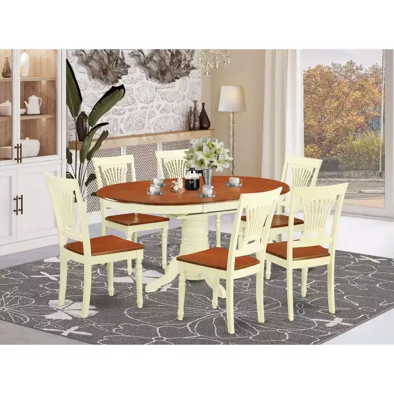 HomeStock 7-Piece Buttermilk and Cherry Finish Solid Wood Top Dining Table with 6 Chairs