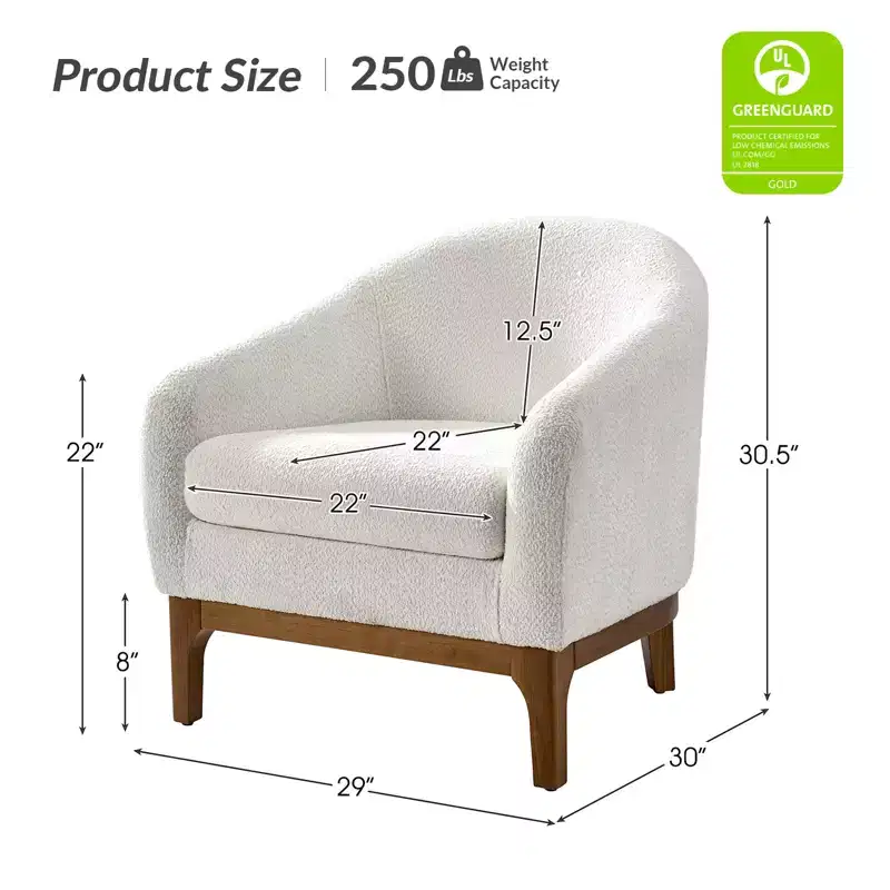 Boucle Barrel Armchair Set of 2 Solid Wood Legs High-Density Foam Dual-Sided Cushion