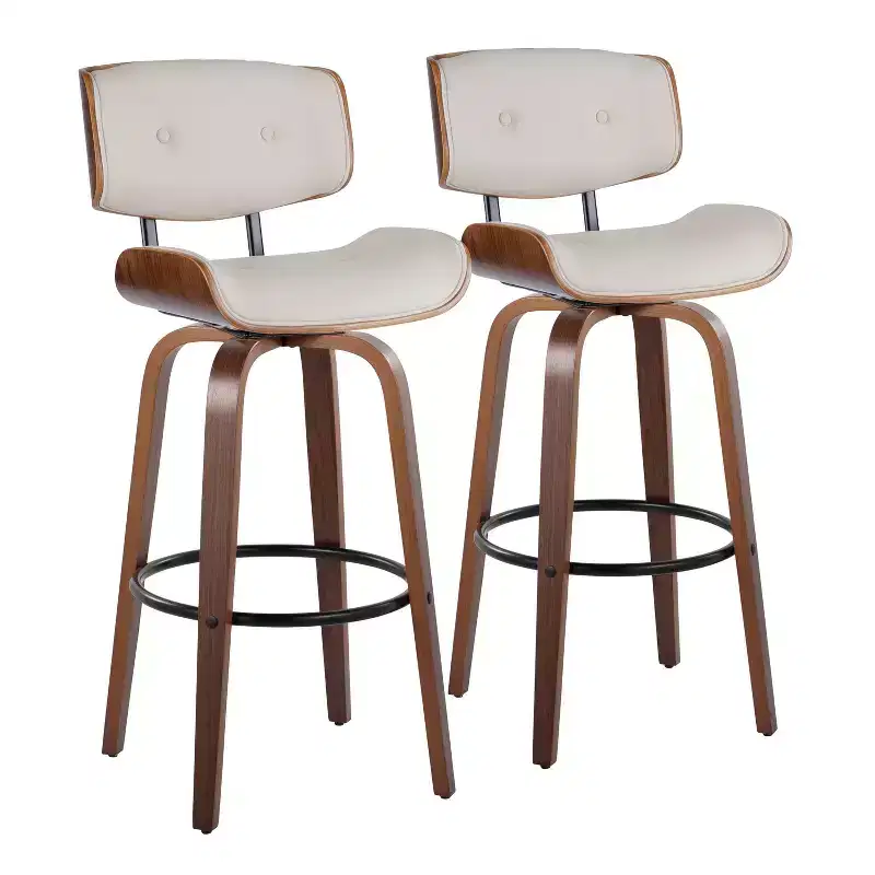 Set of 2 Lombardi Barstools Walnut/Black/Cream PU: Fixed-Height, Full Back & Footrest - LumiSource