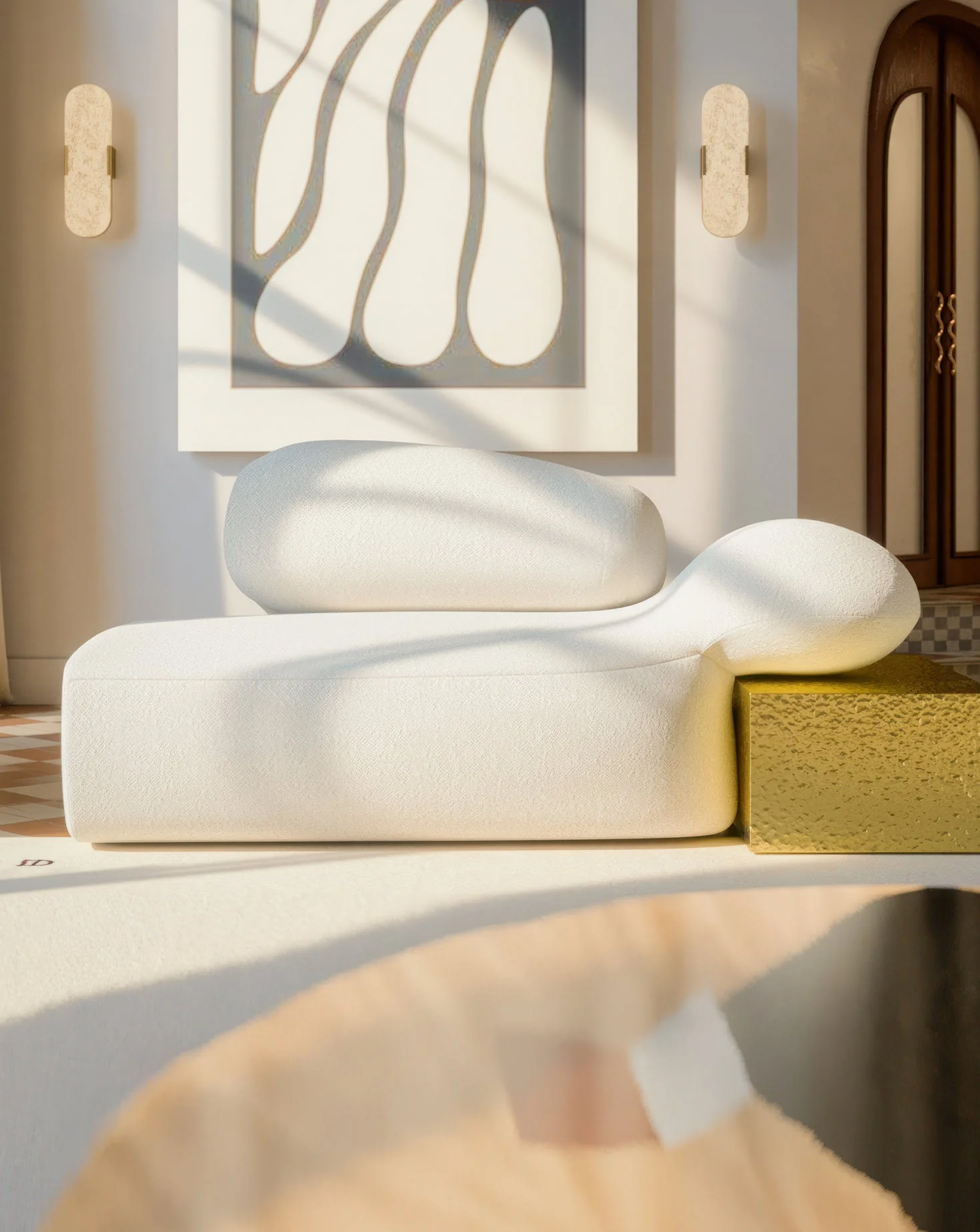 Sculptural Fabric Brass Accent Chaise Longue