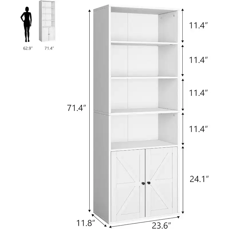 Farmhouse Style White Wood Bookcase with Doors - 4 Shelves, 11.8 Depth, 71.4 Height - for Living Room, Bedroom or Home Office Storage