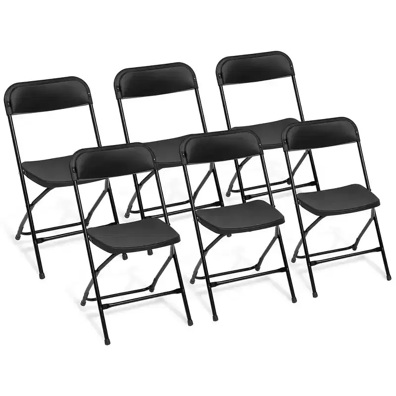 Plastic Folding Chairs Set of 6 HDPE Seat Steel Frame 350 lbs Capacity Stackable Black