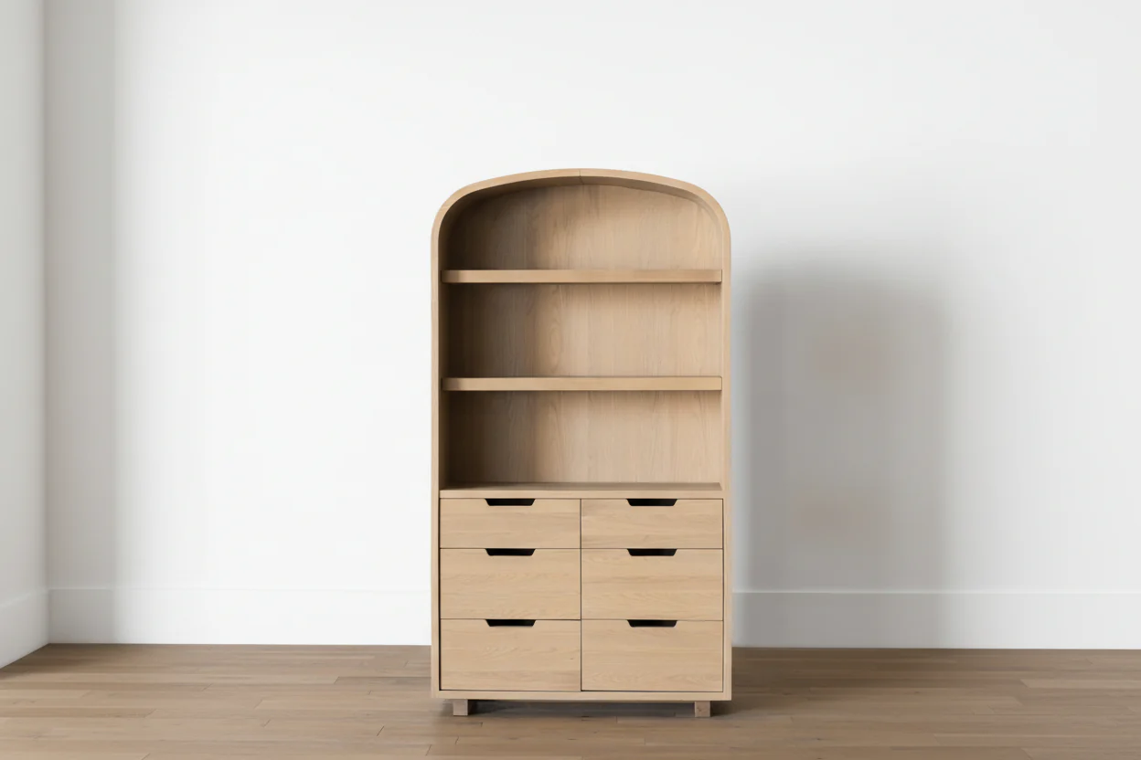 Modern Oak Cabinet with Arched Shape & Six Drawers for Living Room