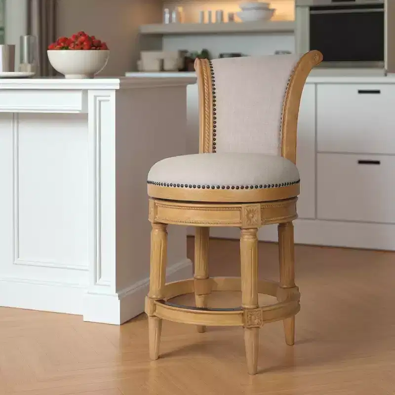 HomeRoots 25 Beige and Natural Fabric and Solid Wood Counter Height Swivel Bar Chair